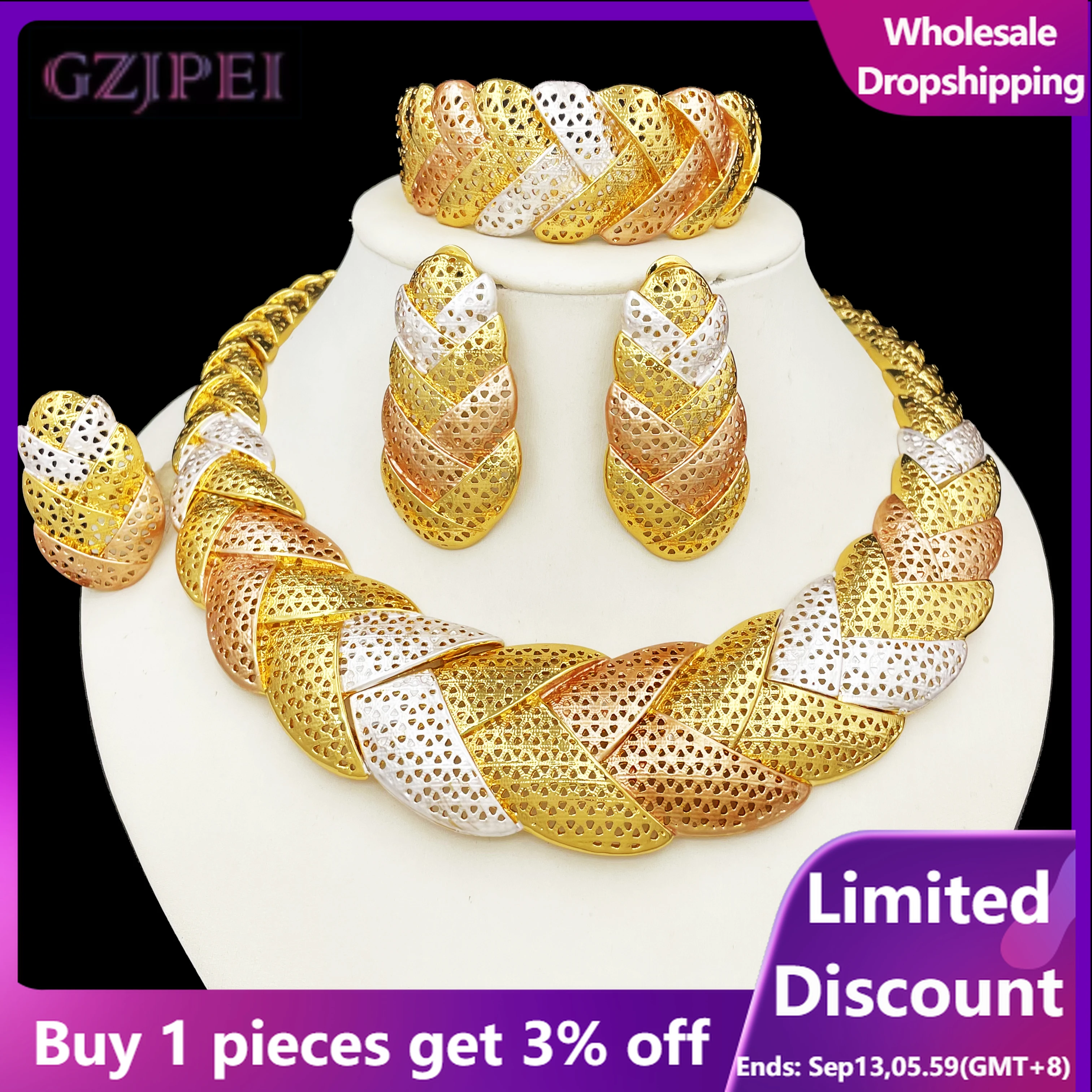 

Italy 18k Gold Plated Women Jewelry Set Classic Two Tone Design Round Necklace Earrings Bangle And Ring Full Set Jewelry
