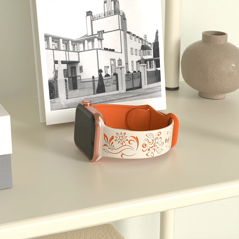 2pcs Floral Engraved Silicone Bands for Apple Watch Series 10 9 8 7 6 SE 5 4 3 Sport Straps 42mm 46mm 49mm 45mm 40mm 44mm 41mm