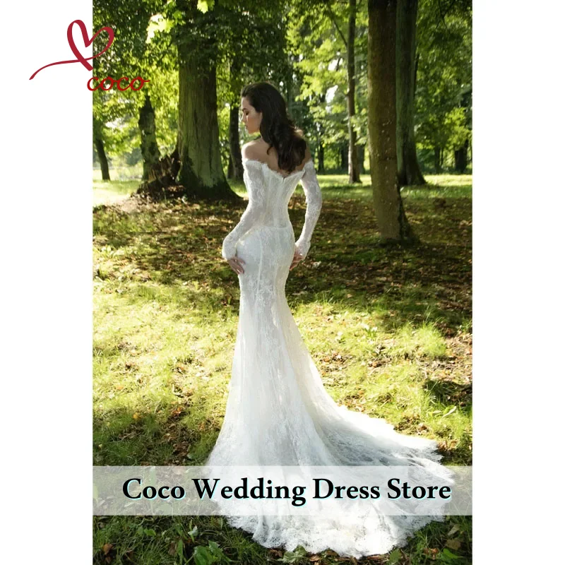 فساتين زفاف دانتيل أنيقة مكشوفة الكتفين مخصصة بدون حمالات حورية البحر زي العرائس كم طويل ثوب زفاف رداء de mariée #2