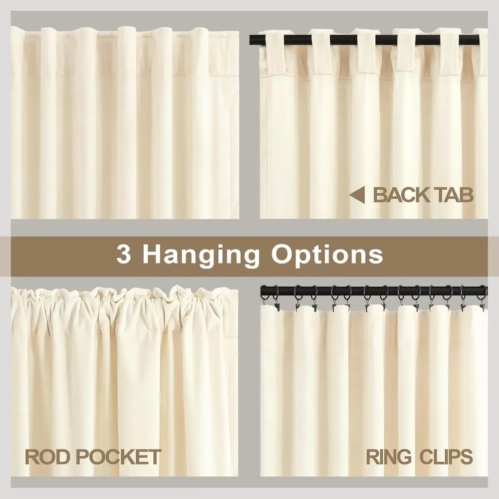 Luxury Cream Beige Velvet Curtains, 52x84, 2-Panel, Back Tab, Sound Insulation, Light Filtering for Living Room & Bedroom