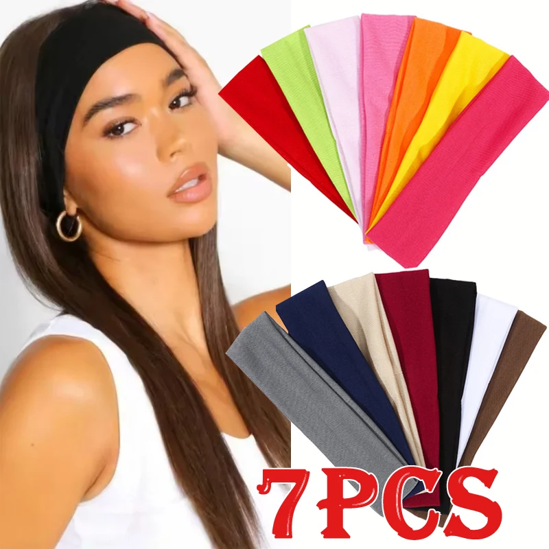 Conjunto de 7 Faixas de Cabelo Elásticas Sólidas para Yoga, Acessórios de Cabelo para Mulheres e Homens, Simples, Esportivas, Absorventes de Suor
