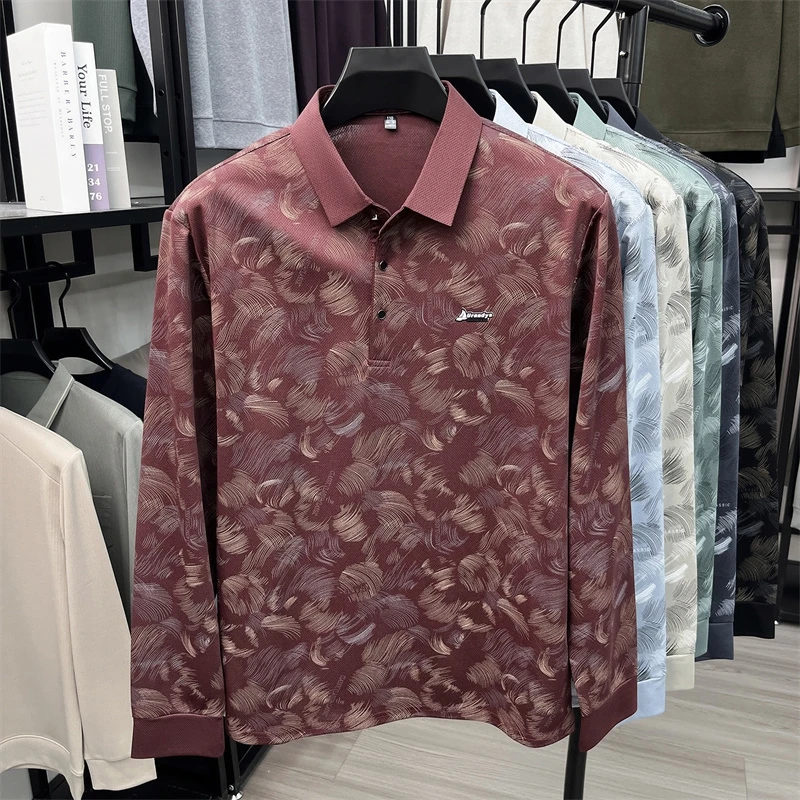Herren-Polohemd mit abstraktem Blattmuster, langen Ärmeln, umgeschlagenem Kragen, atmungsaktivem, glattem Stoff, für den täglichen, lässigen Gebrauch. – Detail 19