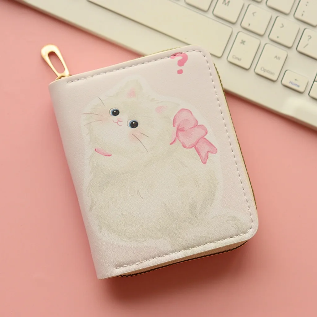 Cute Cartoon Dog Cat Bear Zipper Short Wallet for Students Girls Youth Synthetic Leather Printed Design Vertical PU Wallet