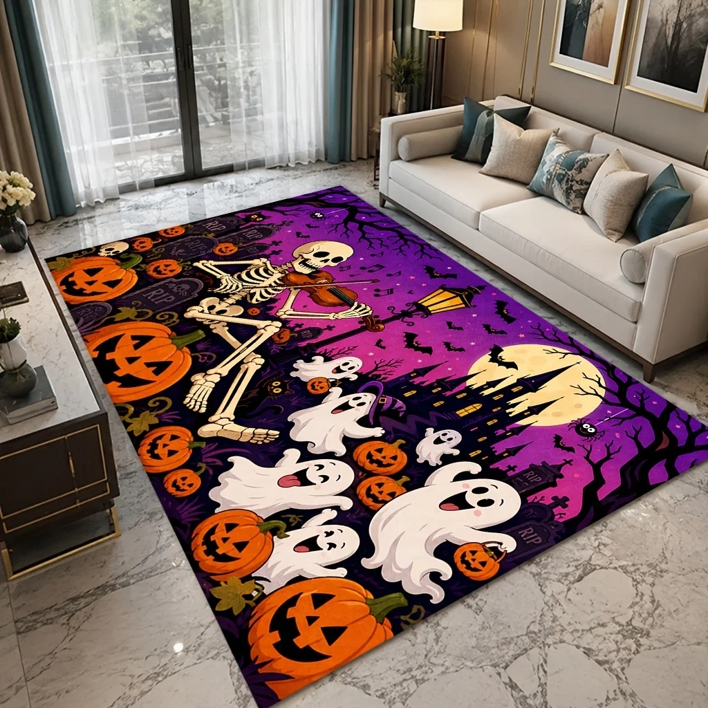 Gothic Halloween Rectangle Area Rug Bat Purple Floral Skull Print Home Living Room Floor Carpet Spooky Holiday Decor Mat