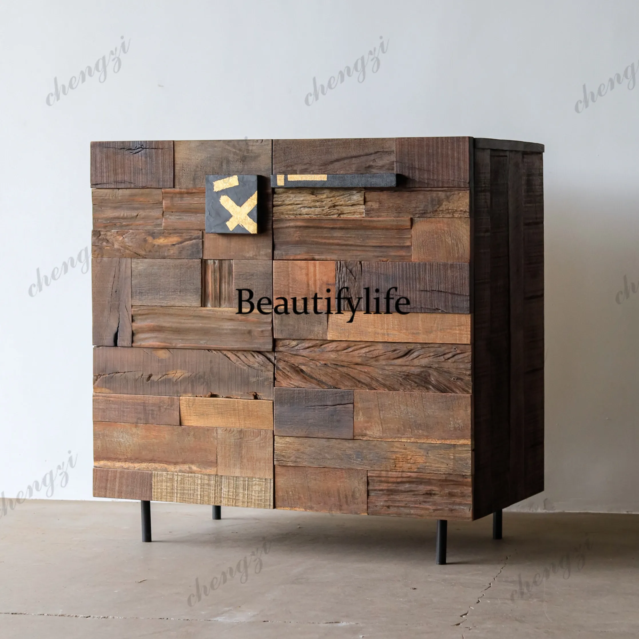 Medieval style old-fashioned color matching locker intangible cultural heritage handle wabi-sabi style entrance cabinet