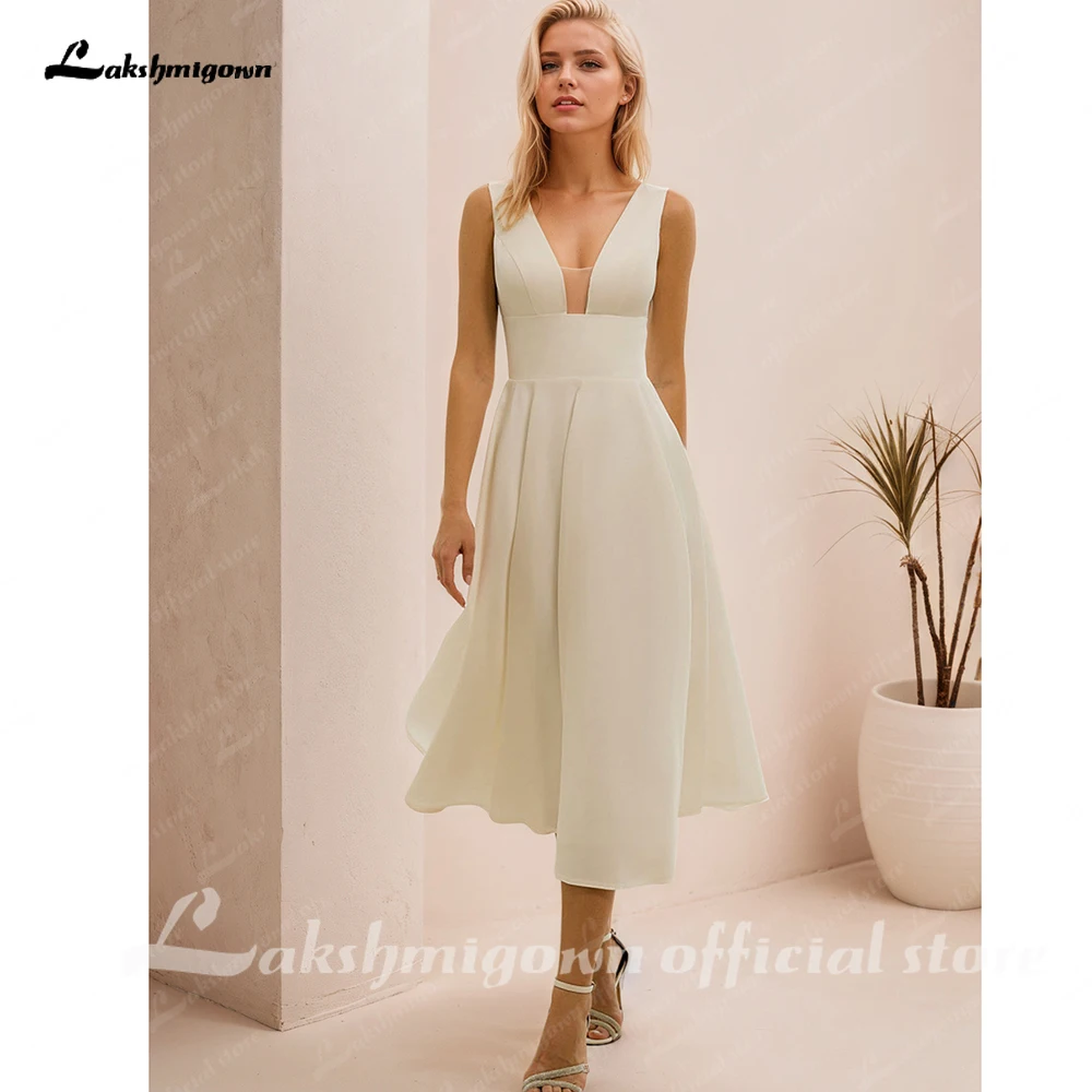 

Lakshmigown Short Wedding Dress Elegant Solid Color V-Neck Jersey Tea Length Bridal Gowns with Pleats Zipper Back Customized