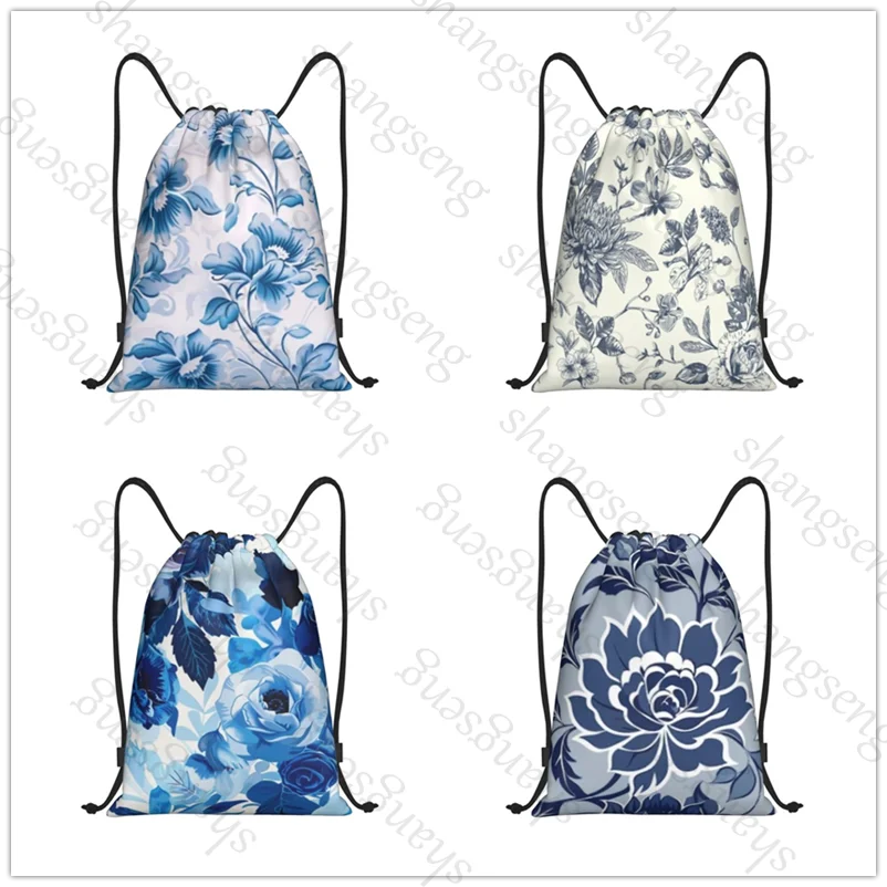 

Retro fashion blue flowers Bicycle Backpack Gym Drawstring Shoe Bag Multifunctional Sports Bag Beach Travel Backpack Unisex Gift