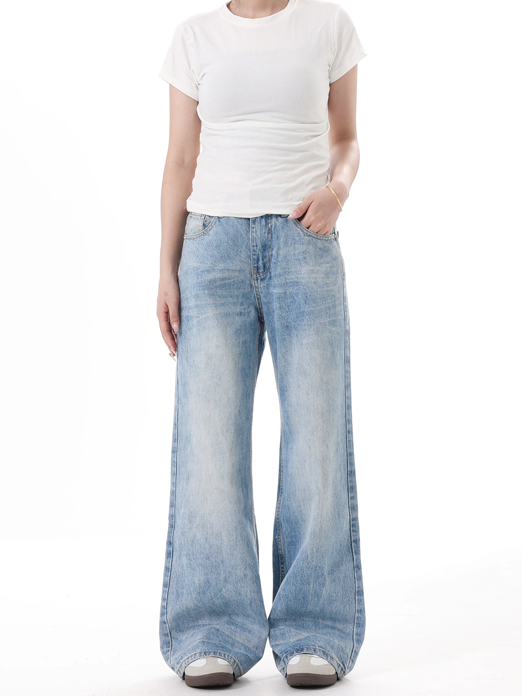 

Hioyo American Retro Waed Blue Wide Leg Jeans Men Women Floor-Length Loose Straight Drapey Pants Casual Denim