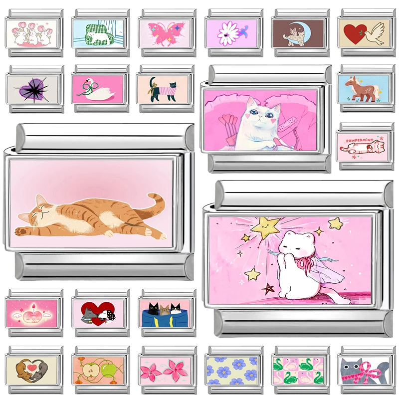 Wholesale Fashion Kawaii Cute Lying Cats Italian Charm Link Fit 9mm Bracelet Stainless Steel Jewelry DIY Making Gift for Women