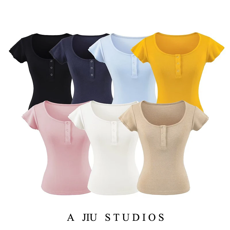 

Женская летняя футболка Slim Fit с U-образным вырезом, пуговицами спереди, рукавами-крылышками, утягивающая талию, модная, с коротким рукавом, в повседневном стиле