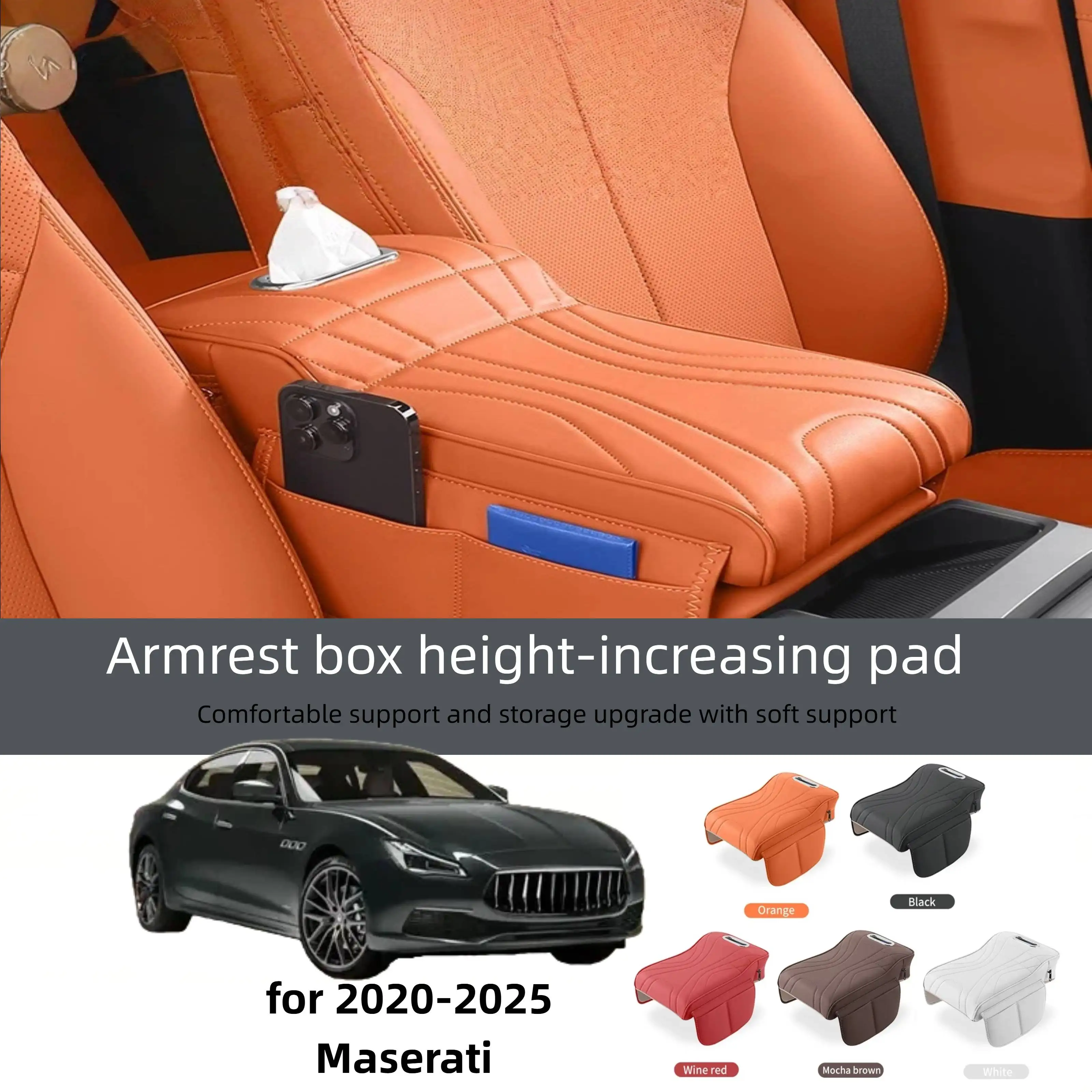Car Central Armrest Cushion for Maserati Ghibli/Levante/Quattroporte - Thickened Heightened Protective Cover with Tissue Storage