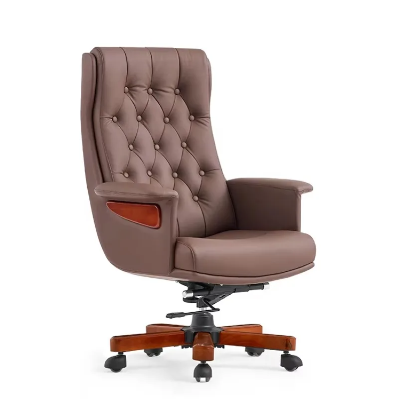 Leather executive office chair, ergonomic design, swivel, high backrest, wooden base, suitable for home office use