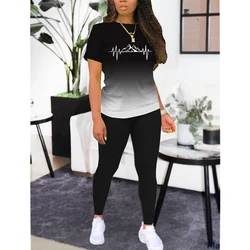 Women's fashion casual sports wave mountain printed short sleeved gradient top and pants set