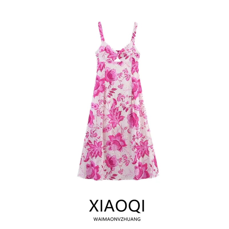 Ele Hollow out Embroidery Print Summer New Women's Dr Strap Design Cotton Polyester High Waist A-Line Skirt Dr