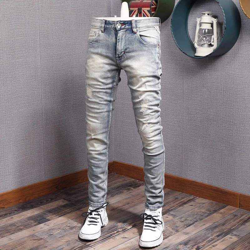 Streetwear Fashion Men Jeans Retro Light Gray Blue Elastic Slim Fit Ripped Jeans Men Vintage Designer Casual Denim Pants Hombre