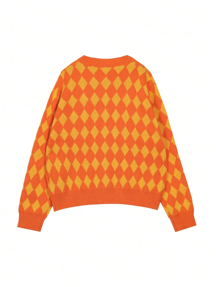 Stylish Contrast-Colour Diamond Pattern Versatile Minimalist Long-Sleeved Crew Neck Knitted Top for Women