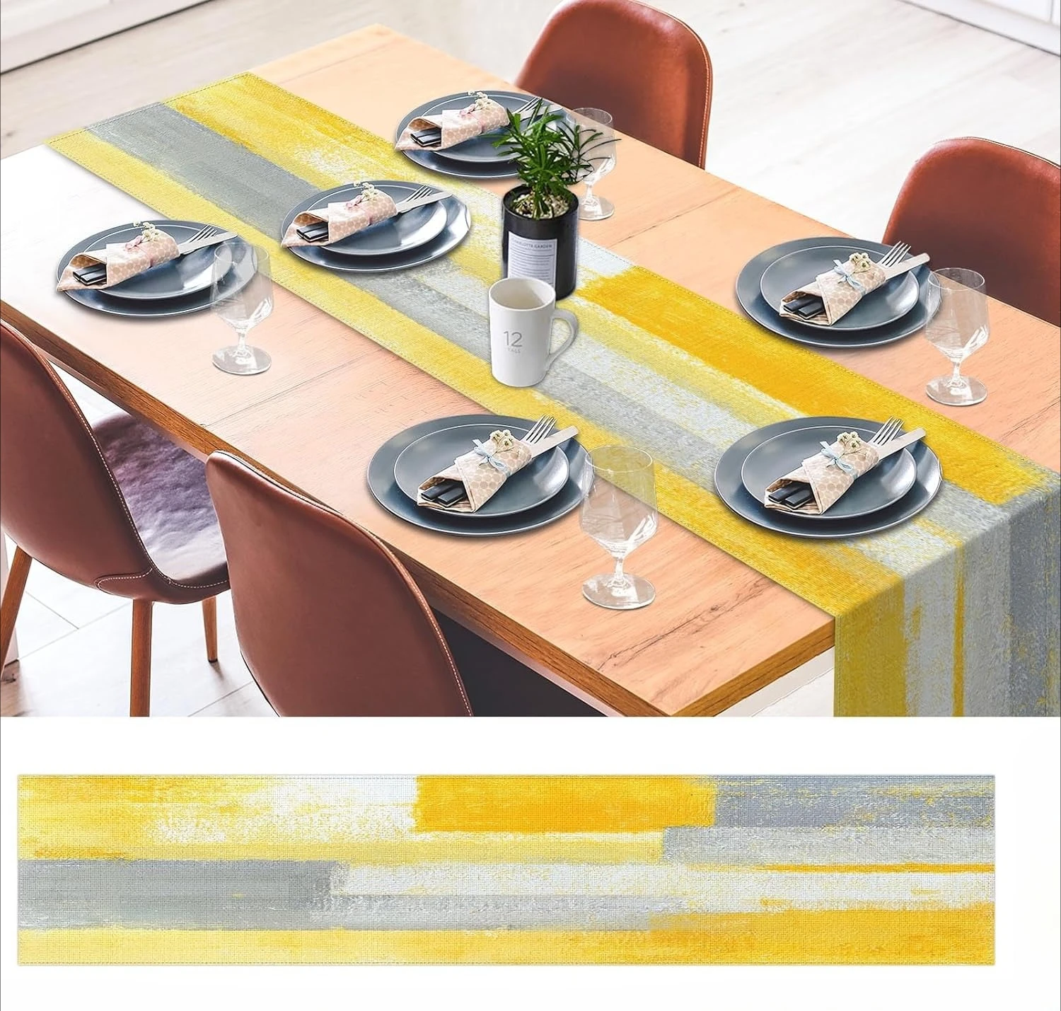 Yellow Abstract Table Runner - Grey White Mid-Century Modern Watercolor Splatter Art Cover for Dining Table