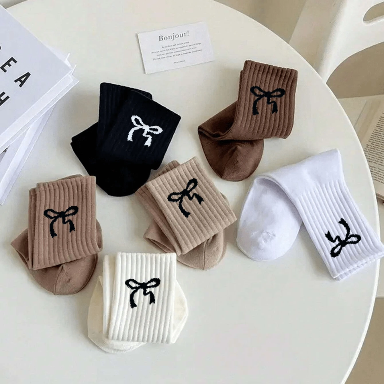 3/5/10 Pairs Women's Crew Socks, White Socks, ,bow  Comfortable, Breathable, Moisture-Wicking image 2