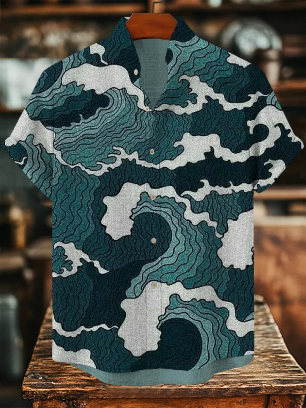 قميص رجالي صيفي بأكمام قصيرة بنمط مموج مطبوع وياقة واقفة وأزرار لأعلى ملابس شارع عصرية غير رسمية اجتماعية