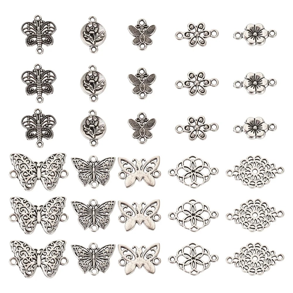 

60Pcs Tibetan Style Butterfly Flower Alloy Connector Charms Silver Color 2-Holes Links Retro Pendants DIY Jewelry Accessories