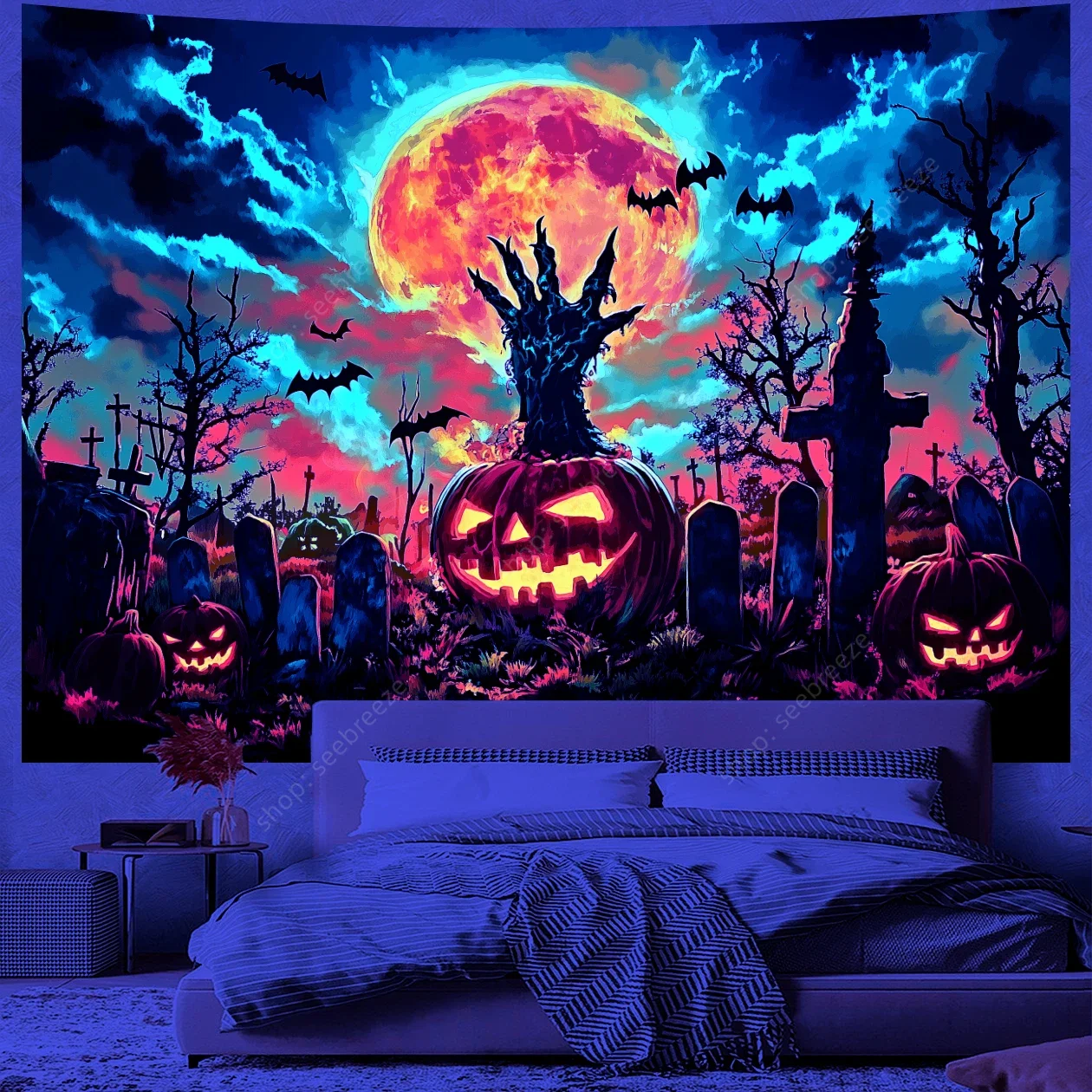 Halloween Themed Wall Art UV Reactive Tapestry Pumpkin Day Decorative Wall Hanging Festival Decoration Props Gift for Friends