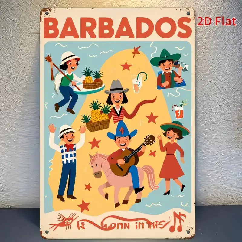 2D Flat Barbados Vintage Metal Tin Sign - Retro Wall Art w/ Tropical Figures, Pineapples & Music, Colorful Iron Decor, Perfect f