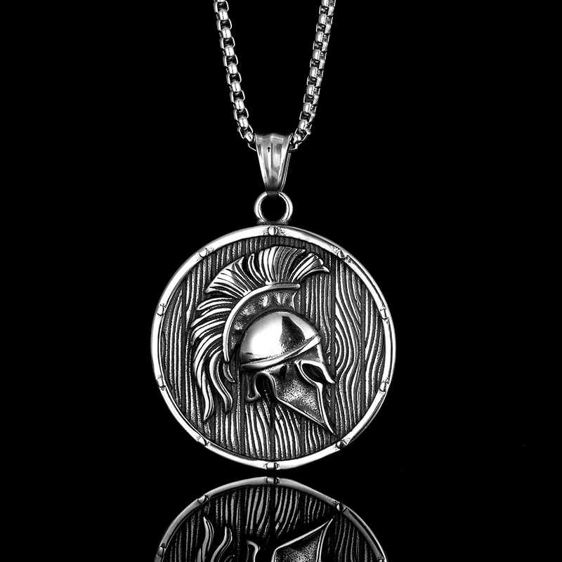 Spartan Warrior Shield Helmet Pendant Necklace - Stainless Steel Men's Viking Jewelry, Men Chain Retro Military Gift (Wholesale)