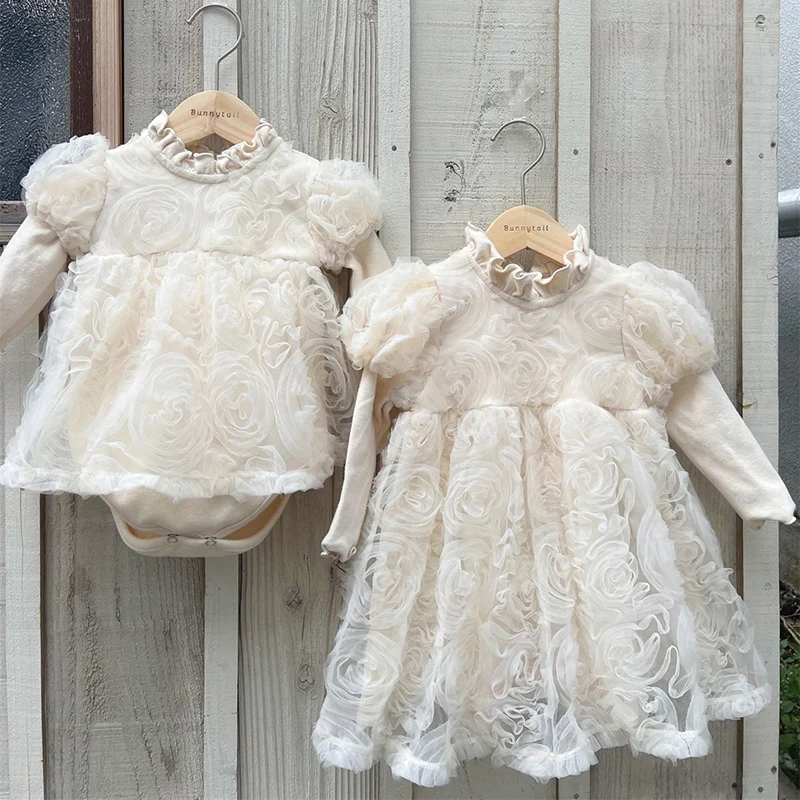 

2024 New Autumn Sister Clothes Kids Princess Dresses Infant Baby Girls Party Dress Long Sleeved Cotton Lace Splicing Bodysuits