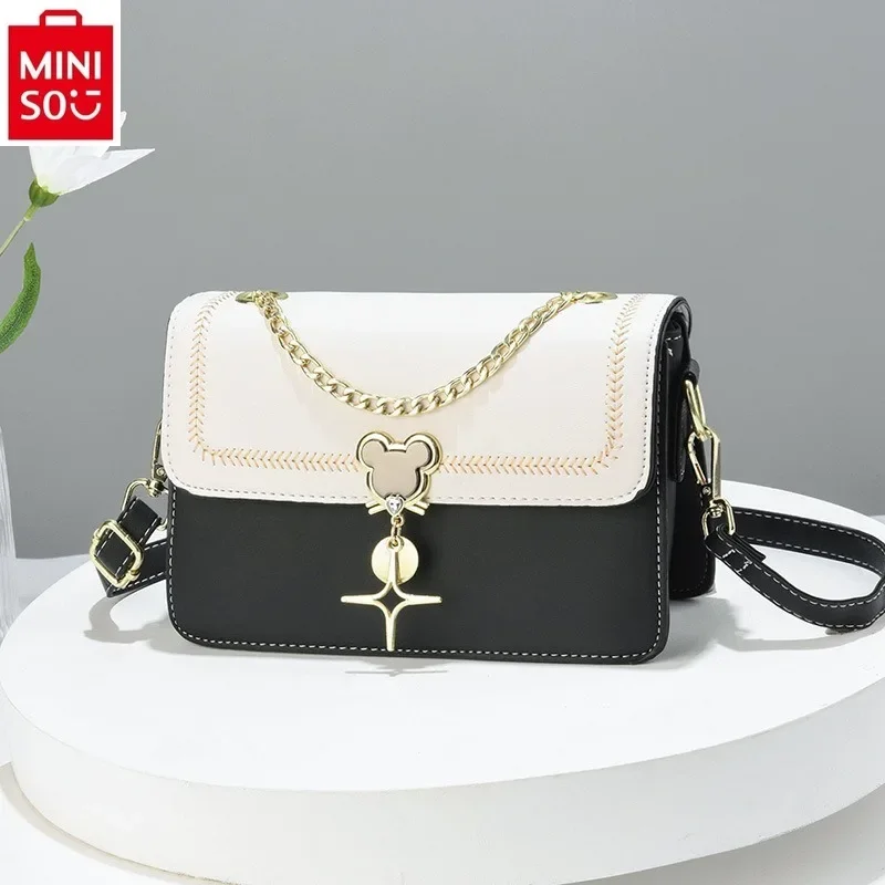 MINISO Disney Cute Mickey Lock Buckle Women's Fashion High Quality PU Chain Bag Sweet Multi functional Storage Cambridge Bag