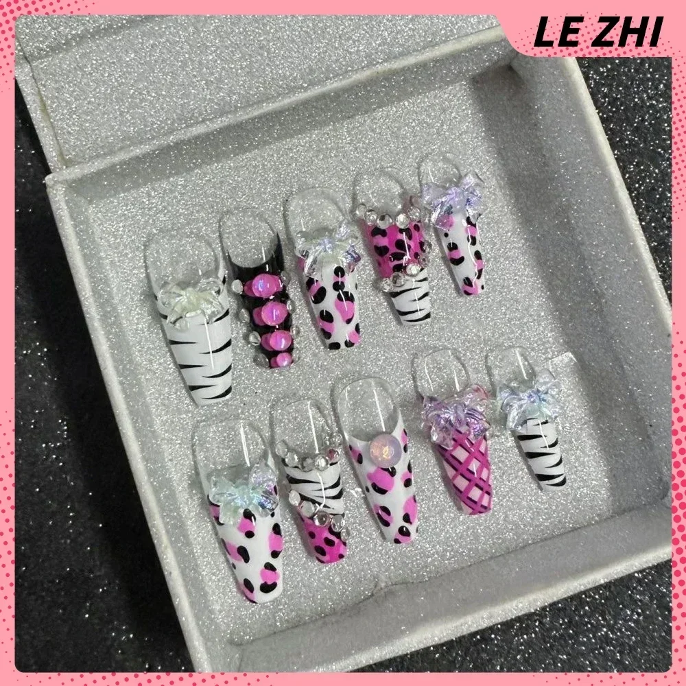 Handmade French Pink Sweet Princess Removable Nail Art Bow Diamond Saturn Cat Eye Almond Square Nail Patch Women\'s Day Gift