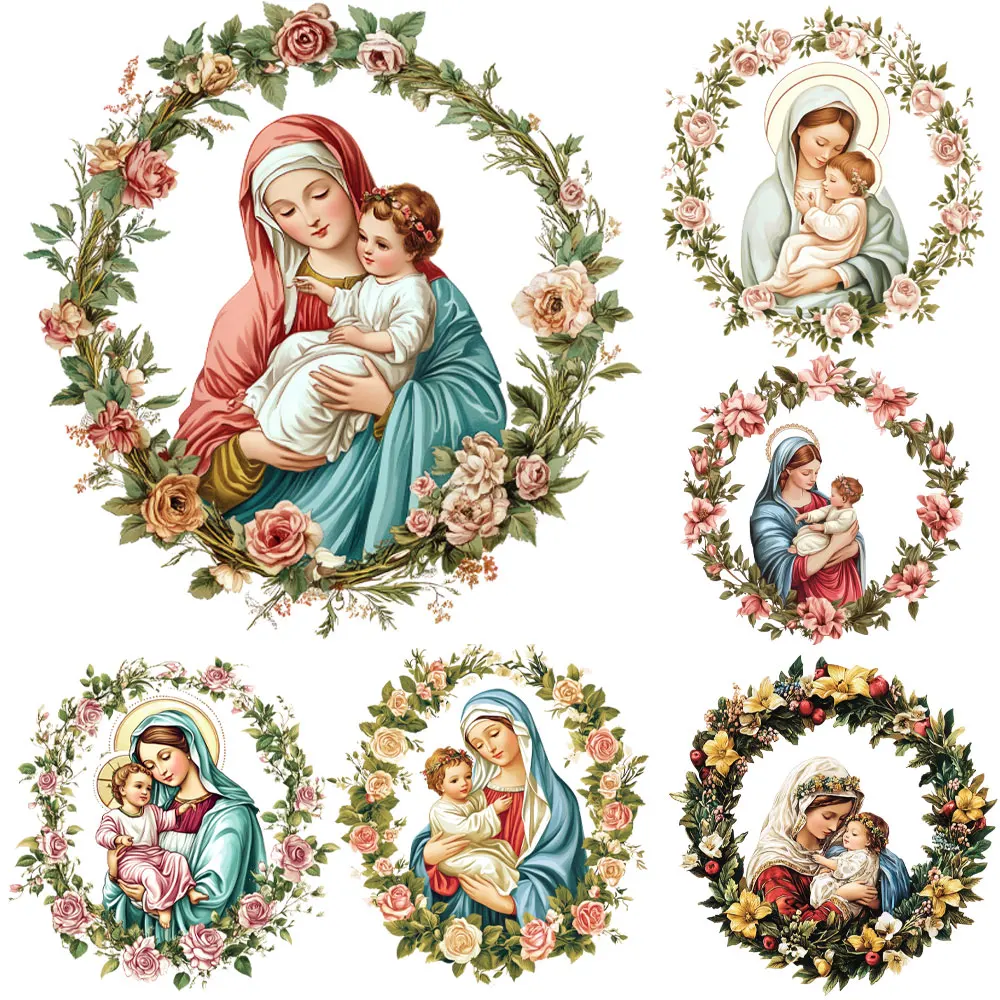 Virgin Mary Jesus Floral Wreath Heat Transfer for clothes Iron on Patches for T-Shirts Hoodies Our Lady Heat Transfer stickers