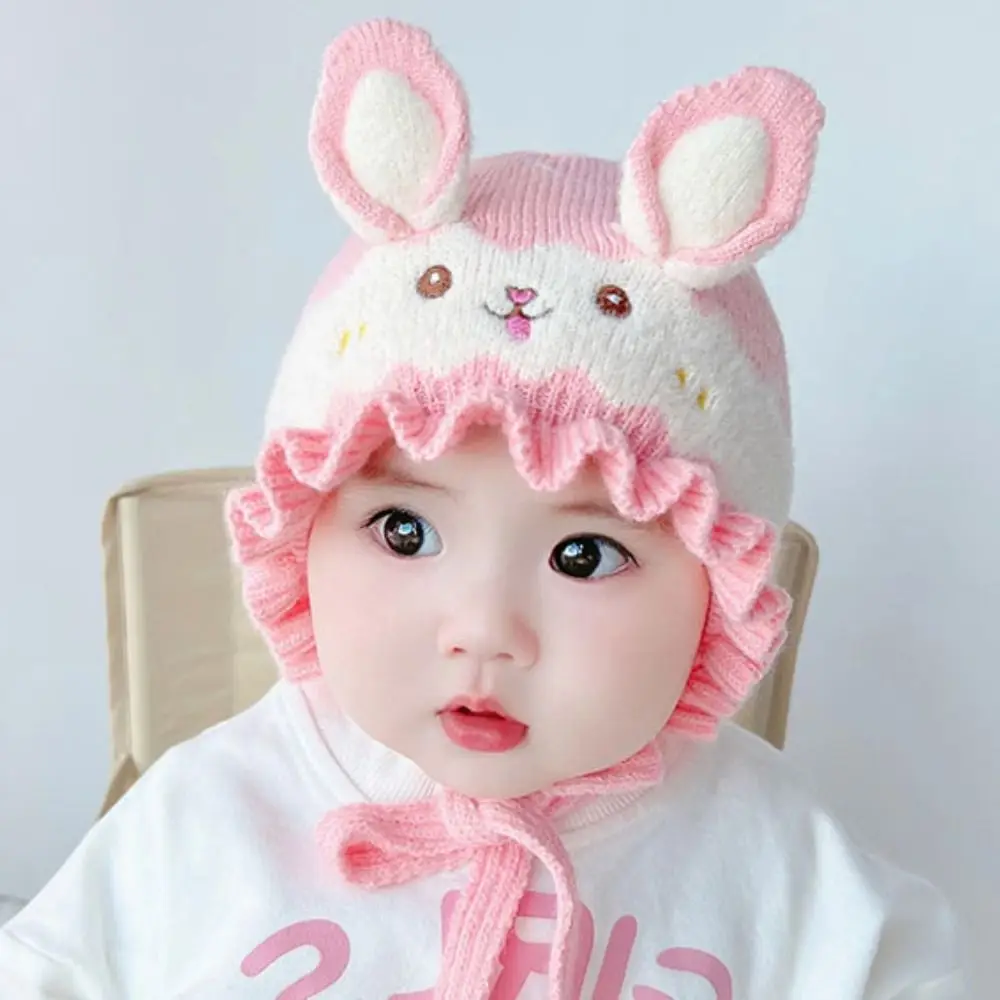 

Cute Rabbit Ear Baby Knitted Hat Solid Color Warm Infant Beanie Hats Thicken Soft Pullover Cap Girls