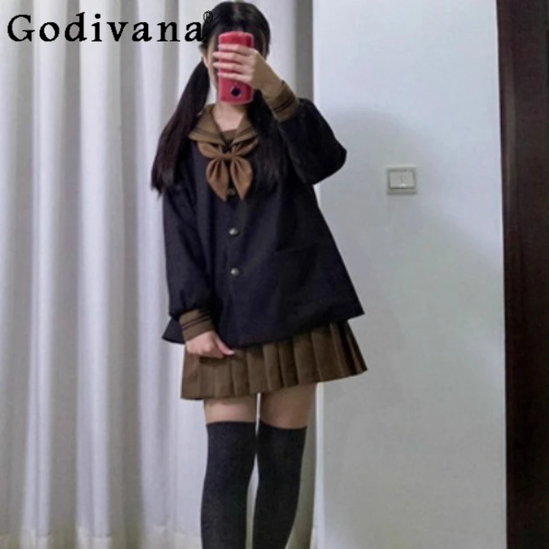 

New Autumn Winter Cute Navy Collar Jk Uniform Brown Sailor Jacket Top Sweet Girls Fashion College Versatile Age-reducing Coat
