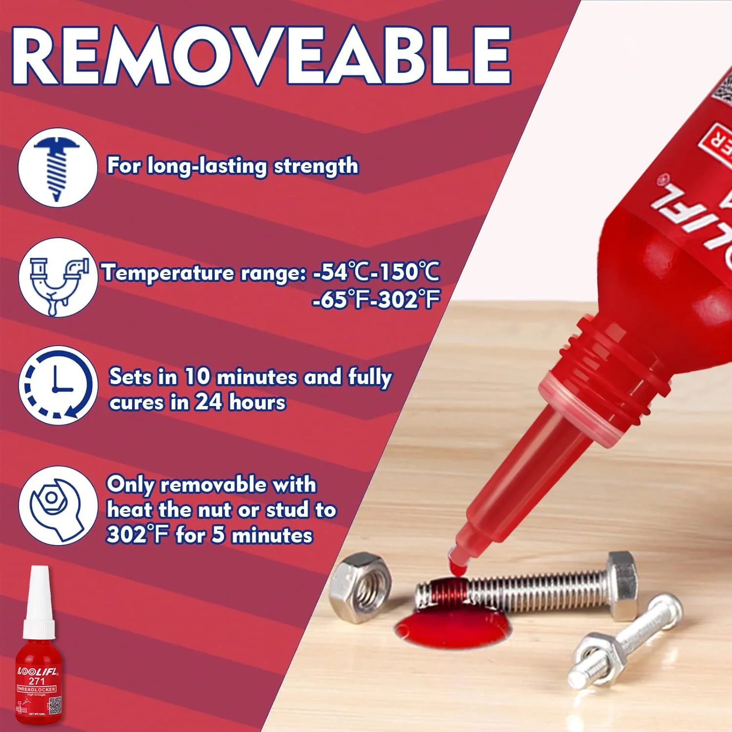 271 Adesivo per filettature 10 ml Frenafiletti a polimerizzazione rapida Adesivo anaerobico Riparazioni automobilistiche Macchinari tecnici Alta resistenza Anticorrosione e antiallentamento Adatto a tutti i metalli