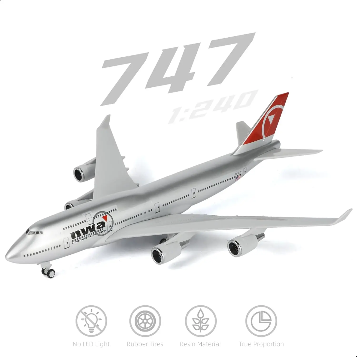 Kits de modèles d'avion NWA B747 à l'échelle 1/240 (30 cm de long) Modèle d'avion en résine B747 avec support pour cadeau d'aviation pour adultes ou jouets