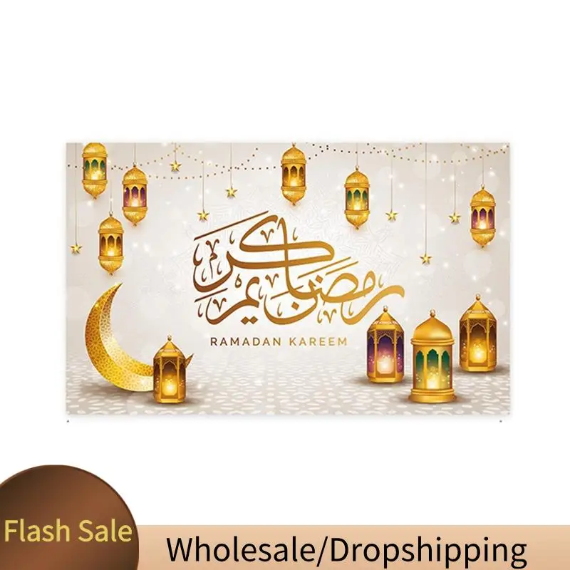 Ramadan Festival Decor Hanging Flag Moon Row Of Lights Holiday Party 100D Polyester ,E 1Set