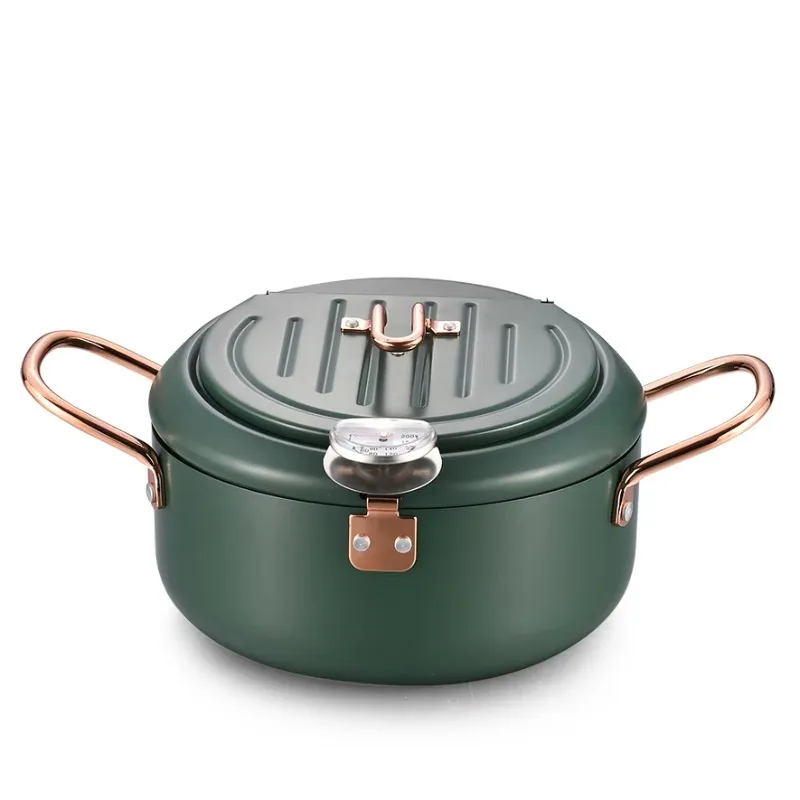 

Silver cookware fryer with thermometer for frying food