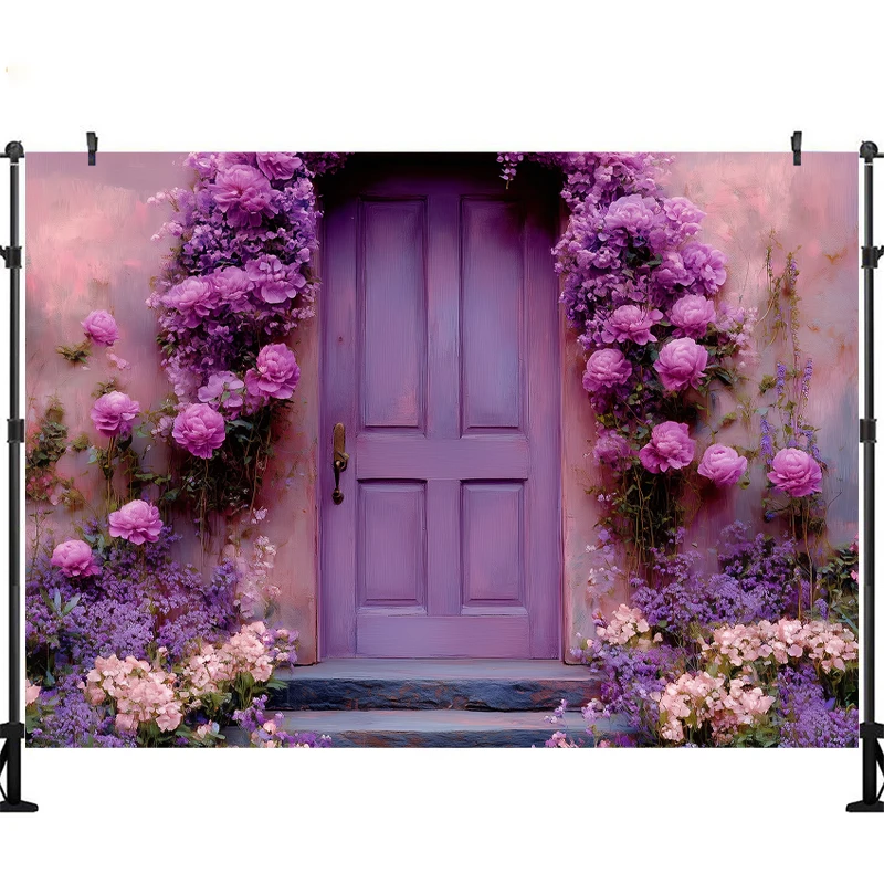 LS Photography Background Purple Floral Rustic Door Adult Birthday Wedding Maternity Portrait Decor Backdrop Photo Studio