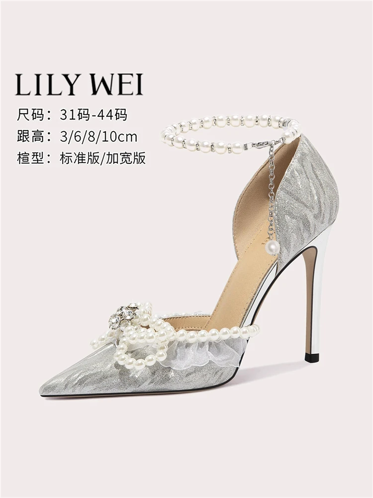 

Spring and summer sequin rhinestone pearl bow widened wedding shoes thin high heel banquet large size small size women's sandals