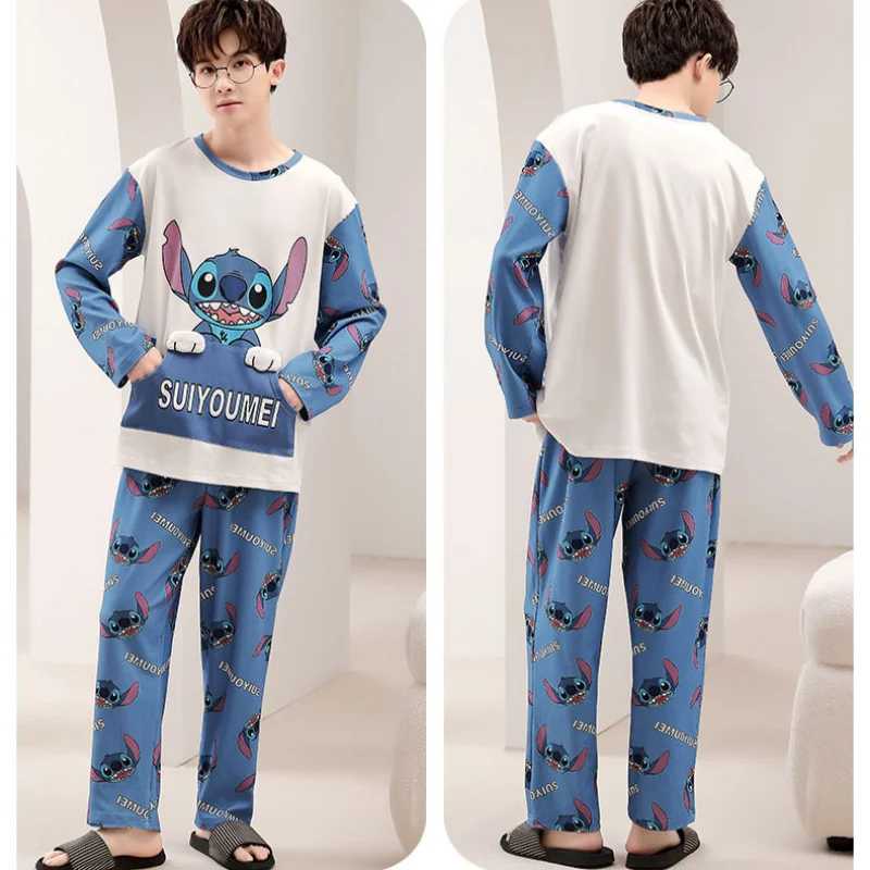 Cartoon Disney couple pajamas men\'s/women\'s pure cotton Stitch autumn two-piece set Stitch women\'s pajamas loungewear