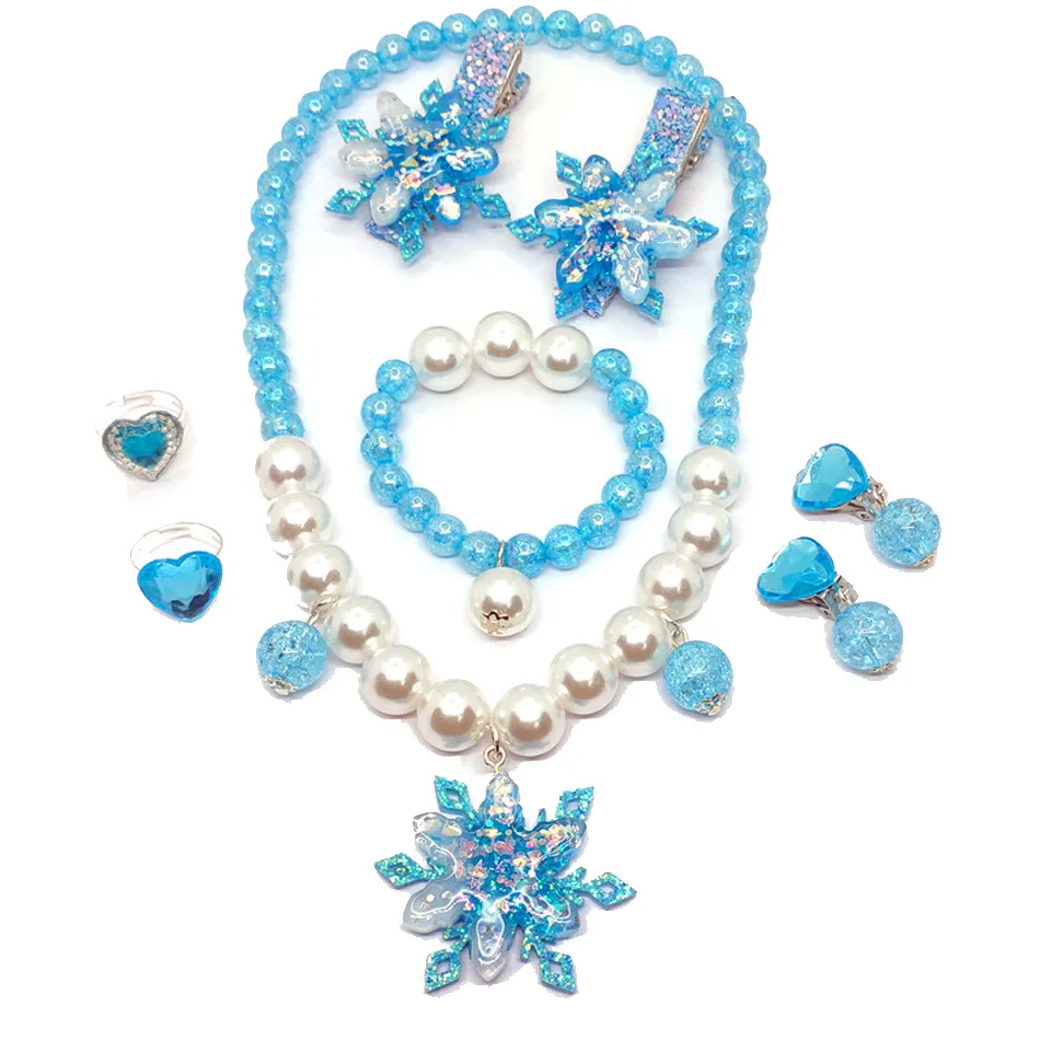 Kids Princess Cosplay Costume Plastic Crystal Tiara Snowflake Jewelry Necklace Earrings Kit Girl Elsa Anna Party Dress Accessory