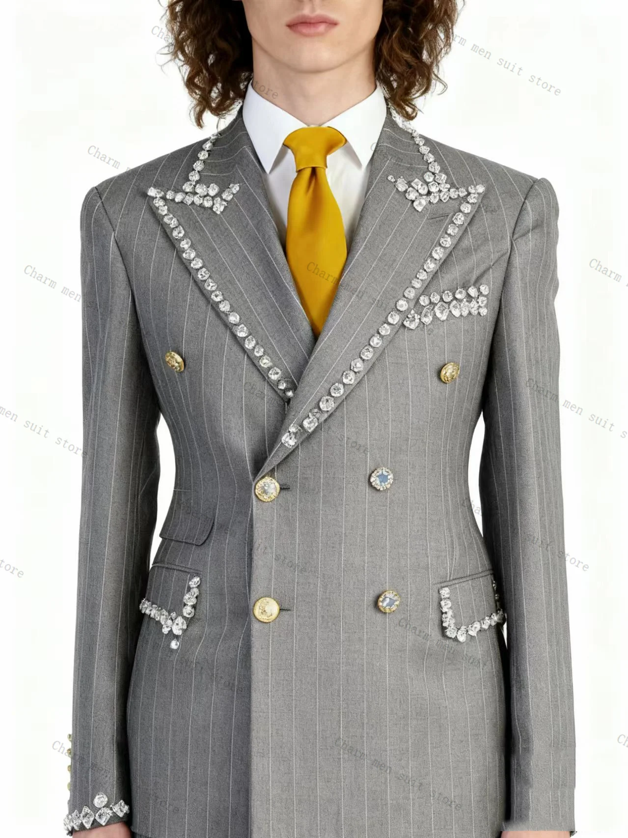Grey Pinstripe Men Suits Set 3 Pcs Cotton Blazer+Pants Trousers Crystals Wedding Tuxedo Formal Office Business Groom Jacket Coat