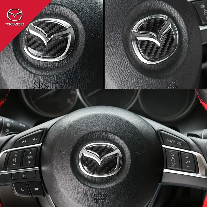 1X Carbon Fiber Car Interior Steering Wheel Logo Sticker Protective Decoration For Mazda Axela Atenza CX-4 CX-5 CX-7 CX-9 Decals