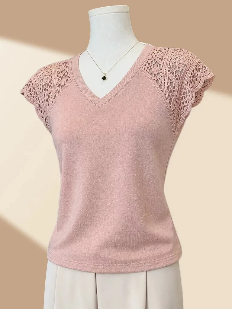 Pink V-neck Short Sleeve Knitted Lace Splice Slim Fit Base Shirt Women's Summer New Style Gentle Wind Fashion T-shirt