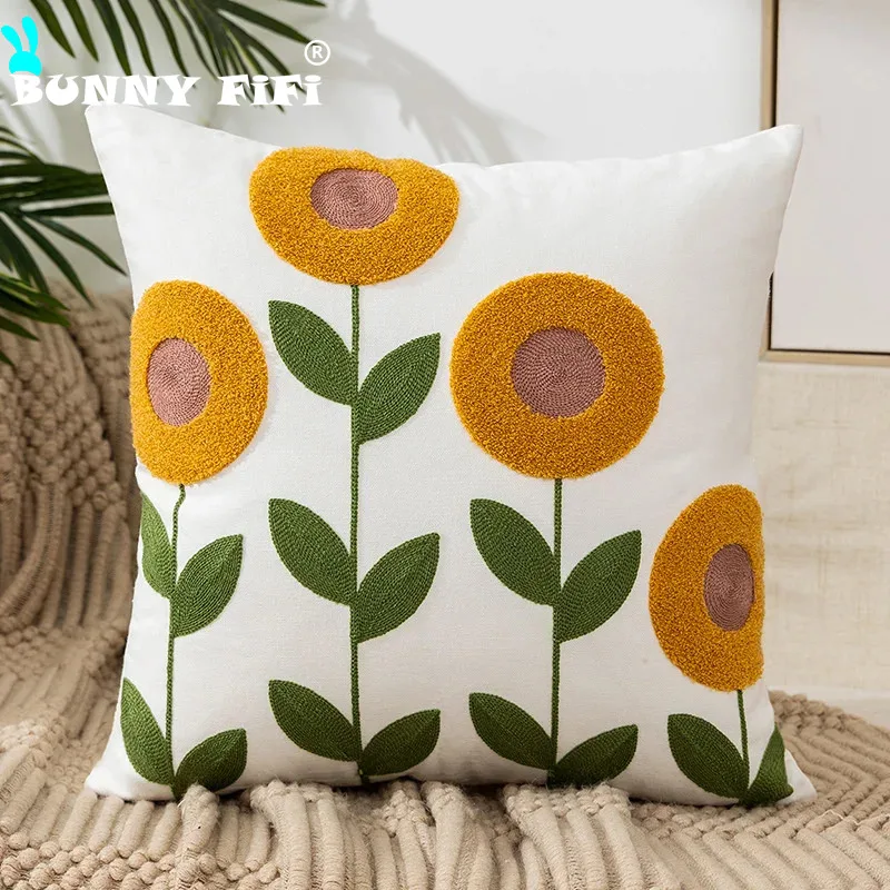 Flower Embroidered 45x45CM Throw Pillow Cover with Pastoral Style Living Room Sofa Cushion Waist Cover Simple Bedding Pillowcase