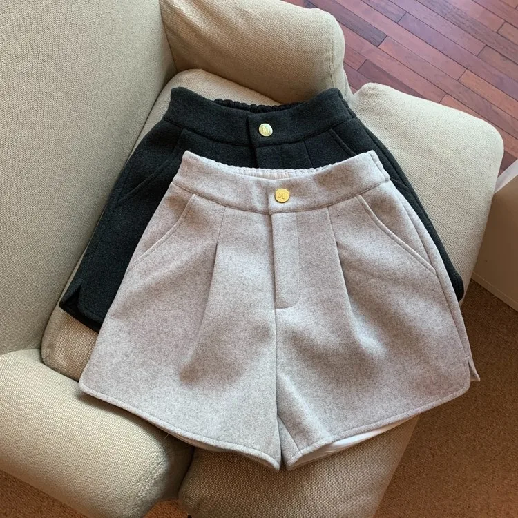 Damen-Shorts aus dicker Wolle mit weitem Bein, Herbst-Winter, neue High-Waist-Shorts, locker geschnitten, gerade geschnitten, Bootcut-Shorts, lässige Oberbekleidung – Detail 10