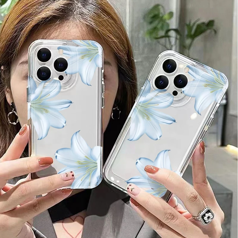 Fashion Exquisite White Lily Flower Phone Case For iPhone 17 16 15 Pro Max 14 13 12 11 XS X 8 Plus 16E 17 Air Transparent Cover view 2