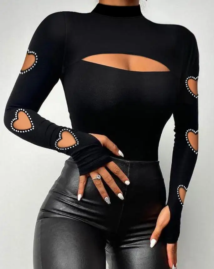 

Women's Sexy T-Shirt Beaded Decor Cutout Long Sleevetop 2024 Spring Latest Sexy Mock Neck Fashion Skinny Daily Versatile Blouse