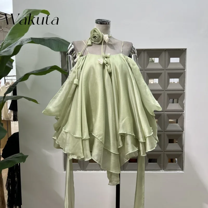 

WAKUTA French Summer Dopamine V-neck Flowing Layered Backless Camisole Mini Vestidos with Shorts Set Vacation Style Streetwear