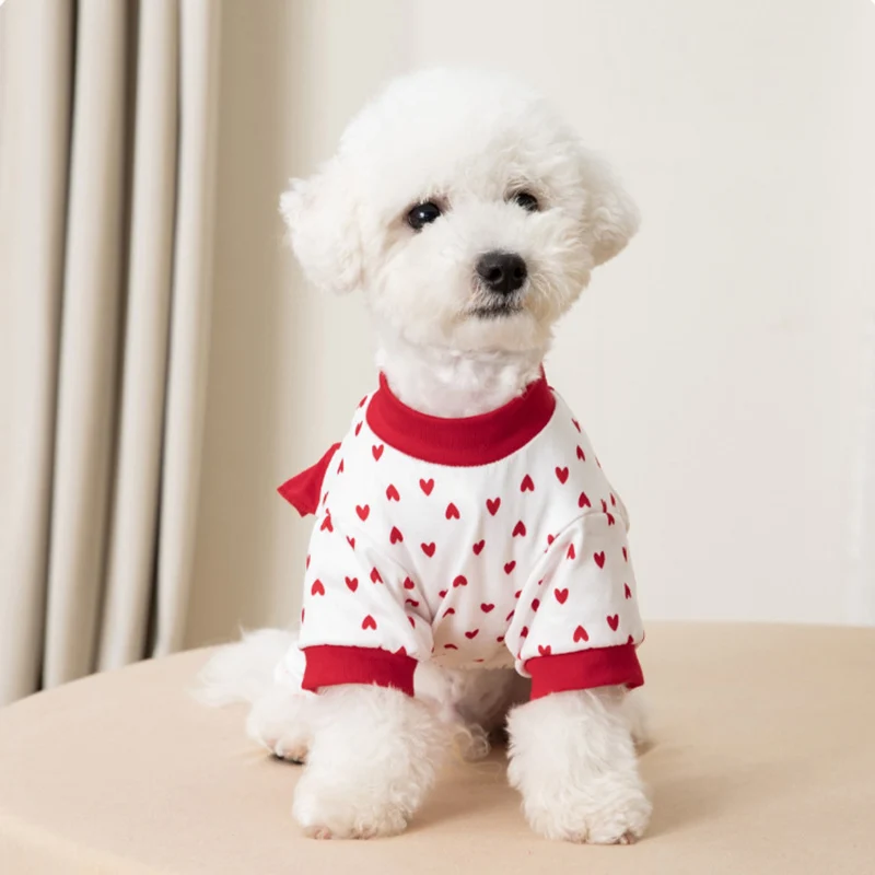 Cute Dog Bodysuits Heart Pattern 3D Bow Ruffled Four-Legged Fall Pet Pajamas Clothes for Small and Medium Dog